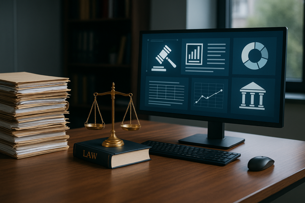 Advogado em mesa com processos físicos e dashboards digitais